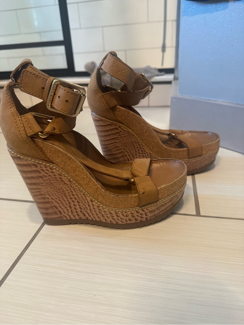 Tory Burch Brown Leather Platform Wedge Sandals with Ankle Strap
